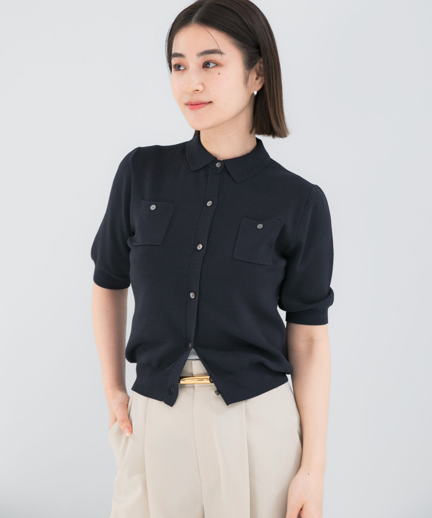 URBAN RESEARCH ROSSO「襟付コンパクト5分袖カーディガン」|カーディガン|