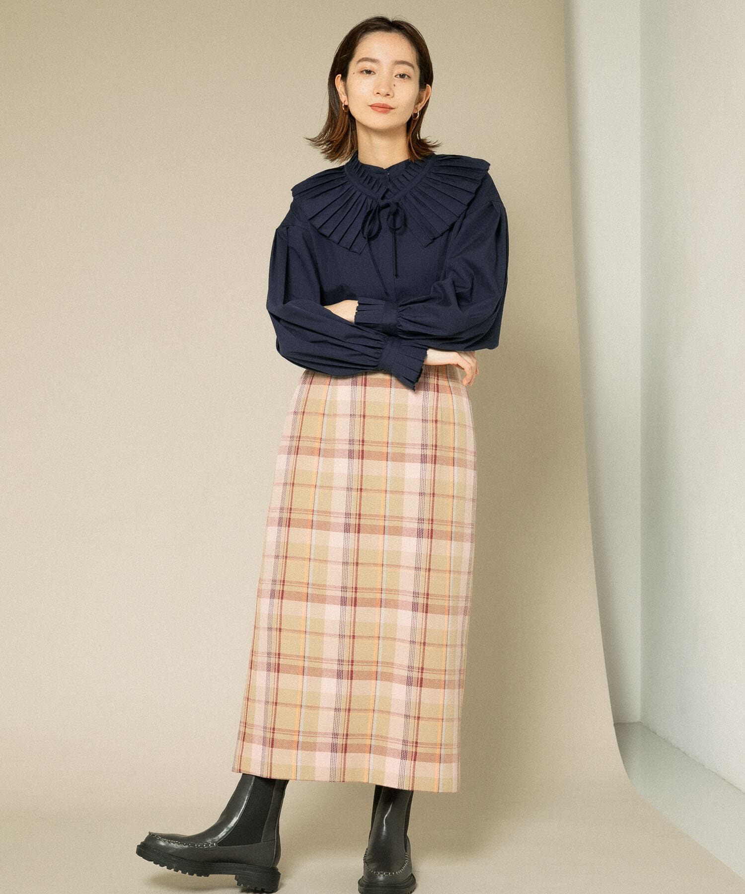  「チェックIラインミディスカート」|スカート|