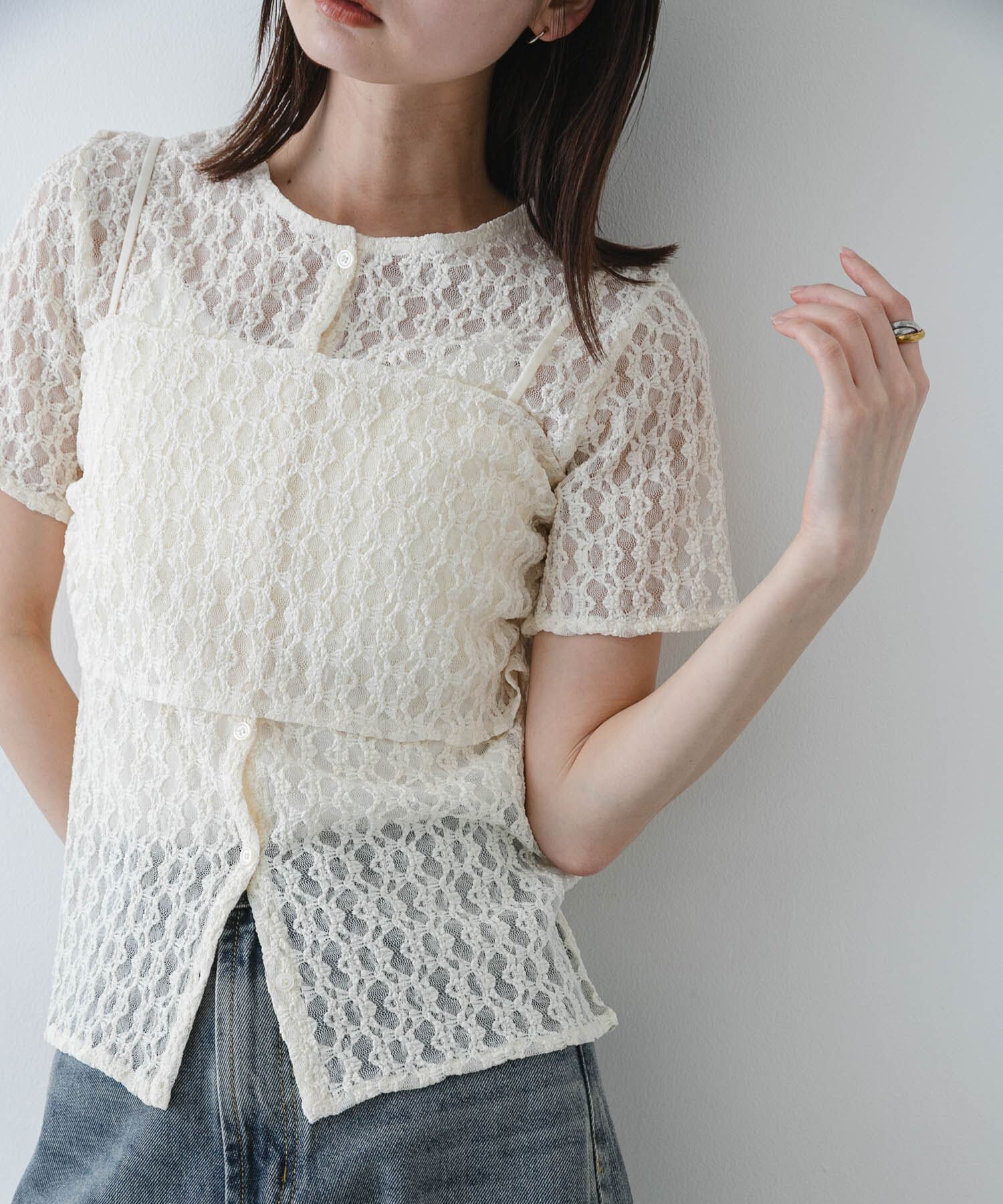 SENSE OF PLACE by URBAN RESEARCH「レースビスチェアンサンブルカットトップ」|Tシャツ・カットソー|アイボリー