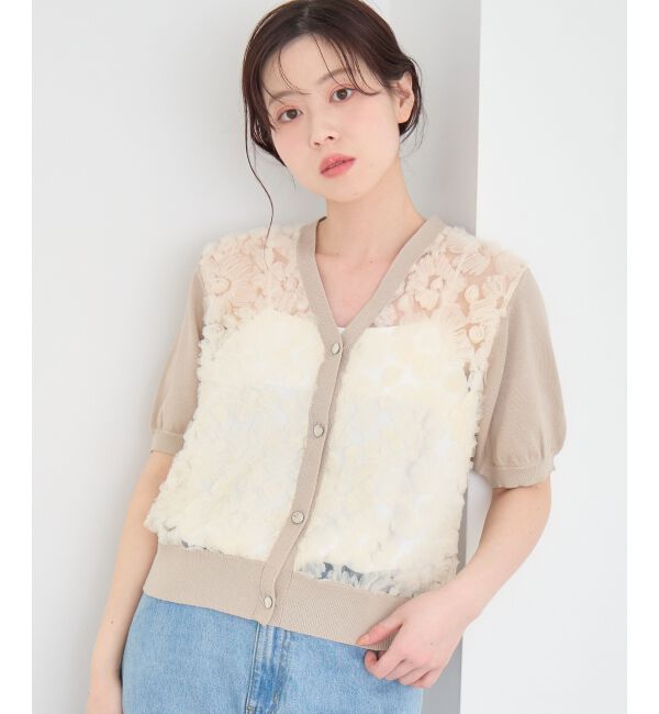  「チュール刺繍ハーフスリーブカーディガン」|カーディガン|