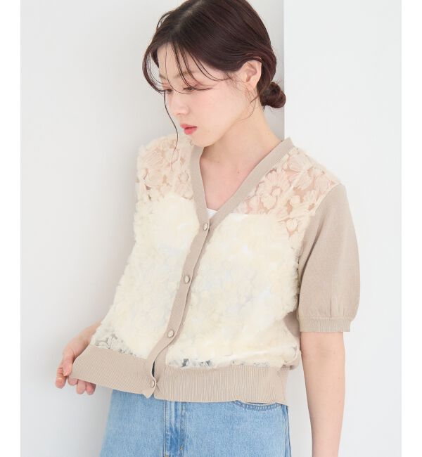  「チュール刺繍ハーフスリーブカーディガン」|カーディガン|