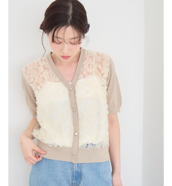  「チュール刺繍ハーフスリーブカーディガン」|カーディガン|