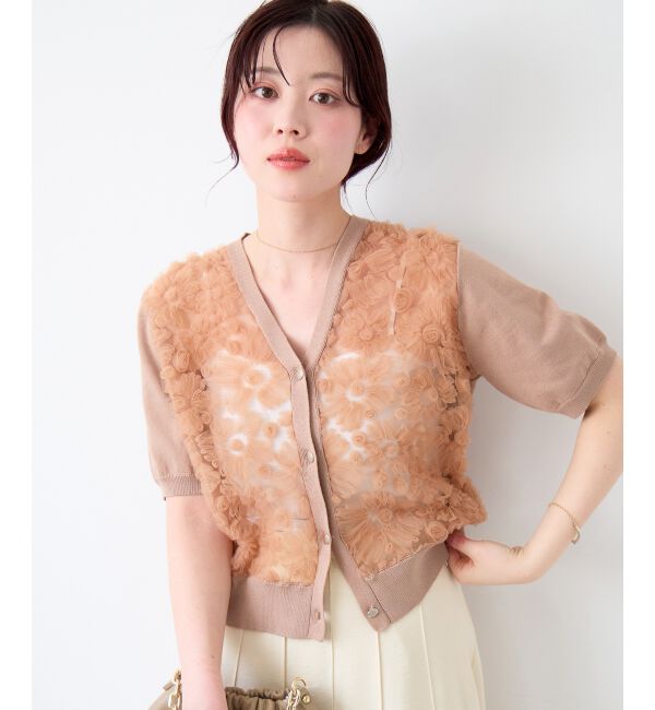  「チュール刺繍ハーフスリーブカーディガン」|カーディガン|ピンクベージュ