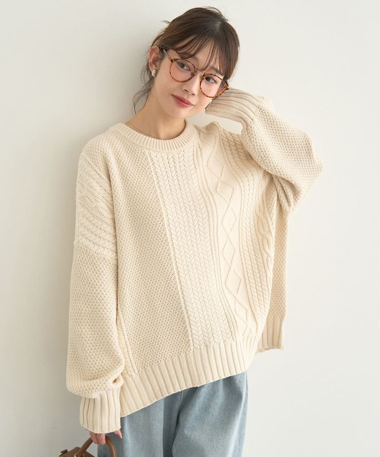 earth music&ecology「アンチピリングC/Aパッチワークケーブルニット」|ニット・セーター|