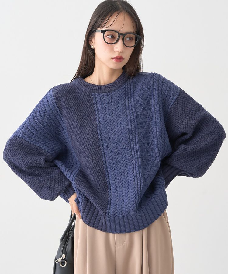 earth music&ecology「アンチピリングC/Aパッチワークケーブルニット」|ニット・セーター|Navy