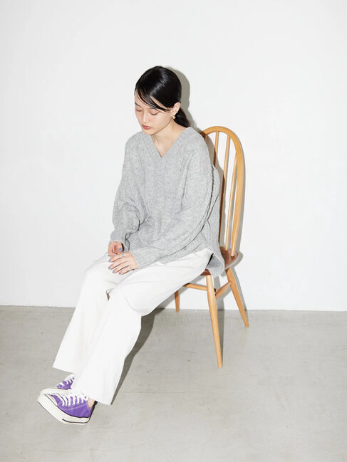  「ざっくりVネックケーブルニットプルオーバー」|ニット・セーター|