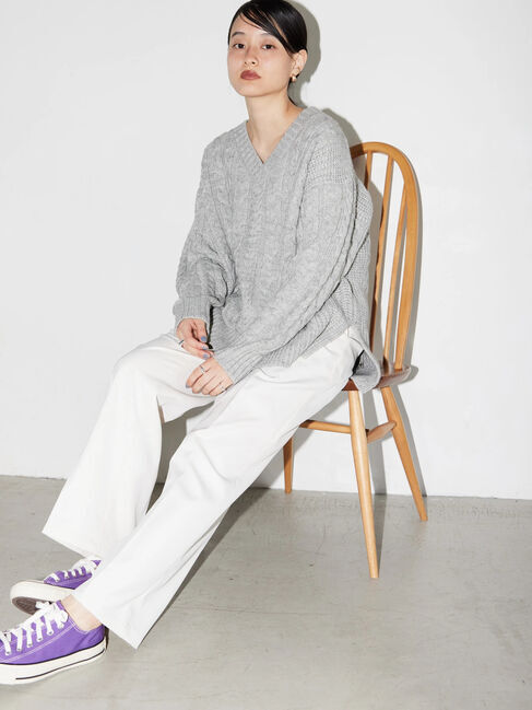  「ざっくりVネックケーブルニットプルオーバー」|ニット・セーター|