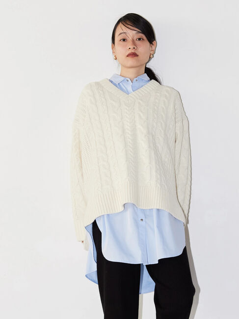  「ざっくりVネックケーブルニットプルオーバー」|ニット・セーター|