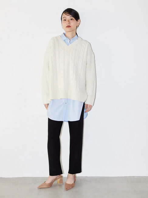  「ざっくりVネックケーブルニットプルオーバー」|ニット・セーター|