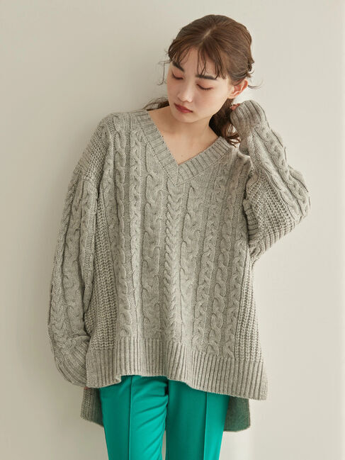  「ざっくりVネックケーブルニットプルオーバー」|ニット・セーター|杢ライトグレー