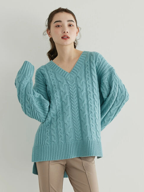  「ざっくりVネックケーブルニットプルオーバー」|ニット・セーター|