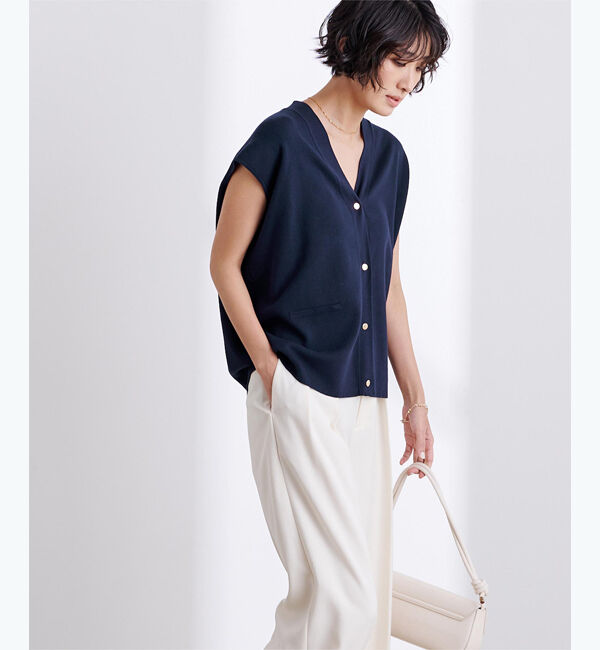 ur's「ゴールド釦Vネックフレンチスリーブニット」|ニット・セーター|ネイビー