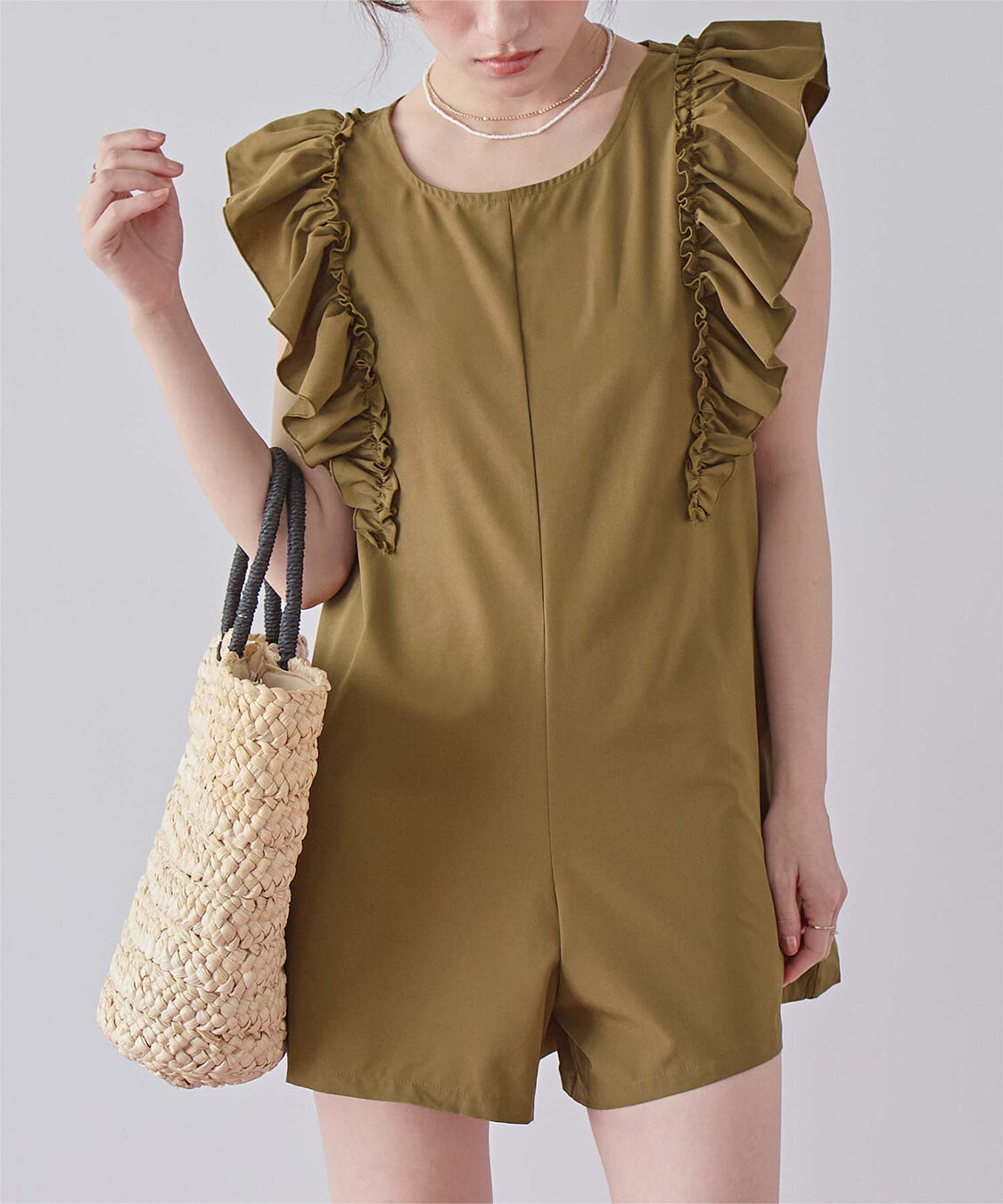 SEA DRESS「ショルダーフリルオールインワン/ワンピース水着」|コンビネゾン|カーキ