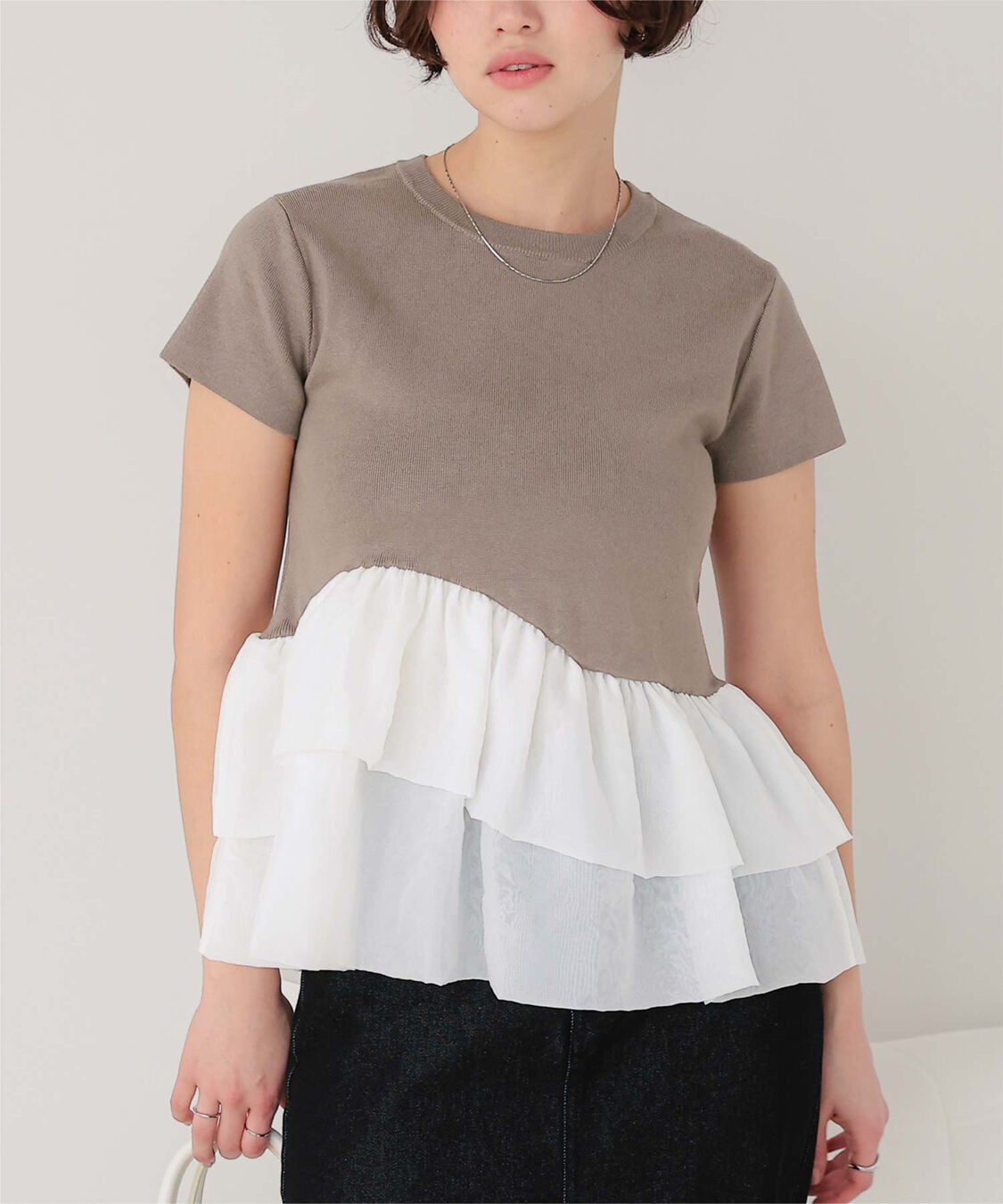 titivate「【きこさんコラボアイテム】半袖ニットドッキングイレギュラーヘムペプラムトップス」|ニット・セーター|