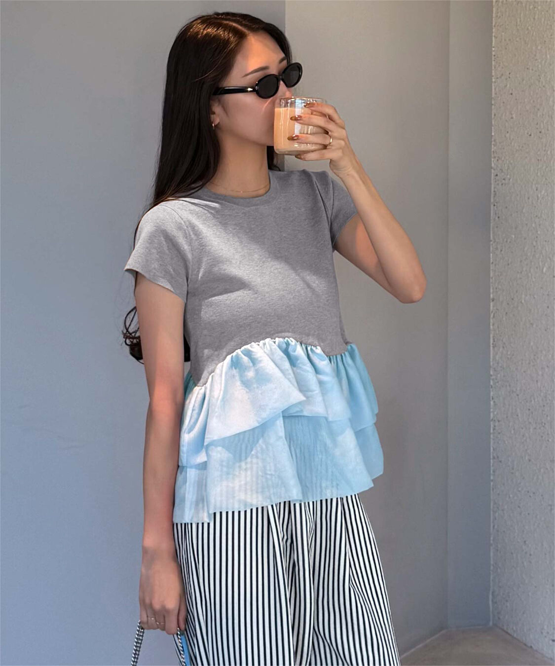 titivate「【きこさんコラボアイテム】半袖ニットドッキングイレギュラーヘムペプラムトップス」|ニット・セーター|