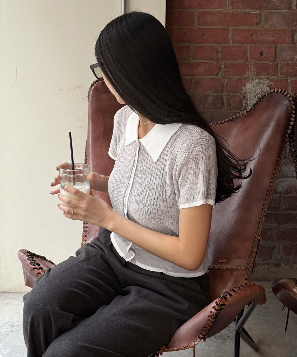 titivate「【きこさんコラボアイテム】配色襟付き半袖ニットトップス」|ニット・セーター|