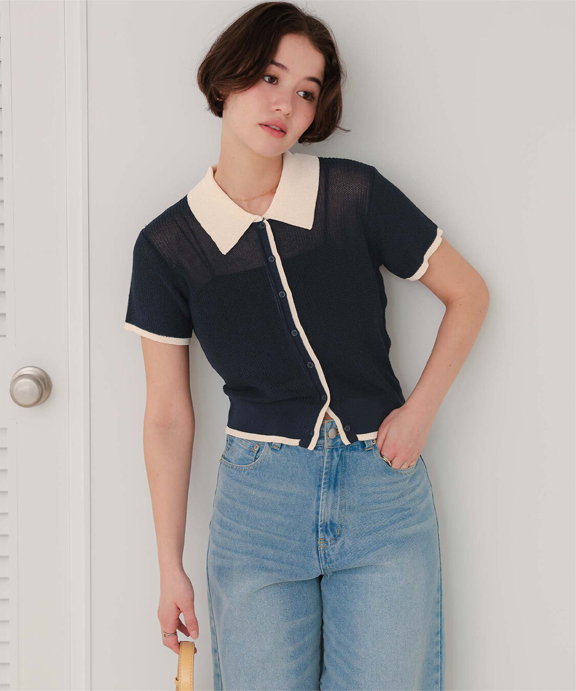 titivate「【きこさんコラボアイテム】配色襟付き半袖ニットトップス」|ニット・セーター|