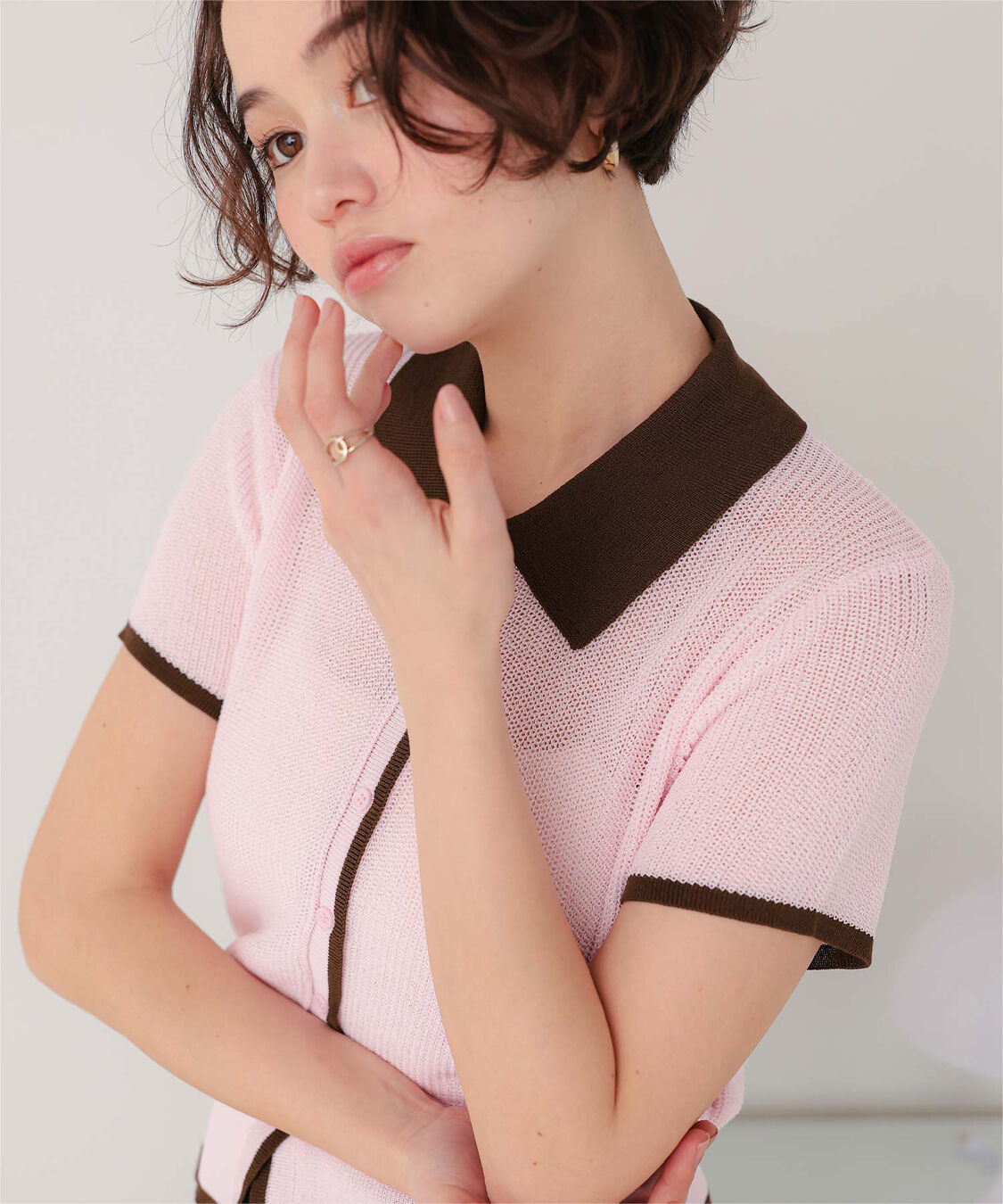 titivate「【きこさんコラボアイテム】配色襟付き半袖ニットトップス」|ニット・セーター|