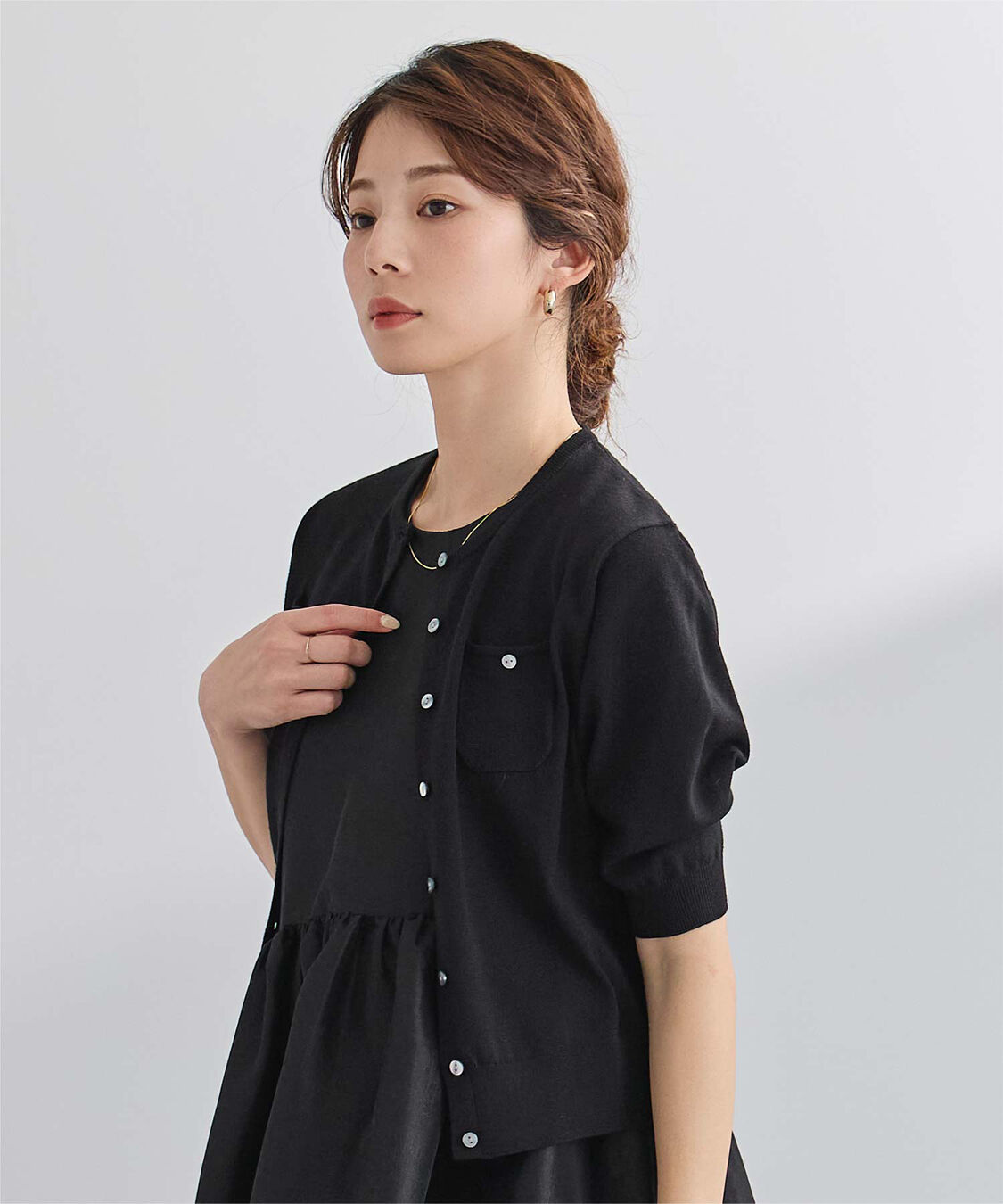 ur's「UVケア/抗ピル胸ポケットハーフスリーブニットカーディガン」|カーディガン|ブラック