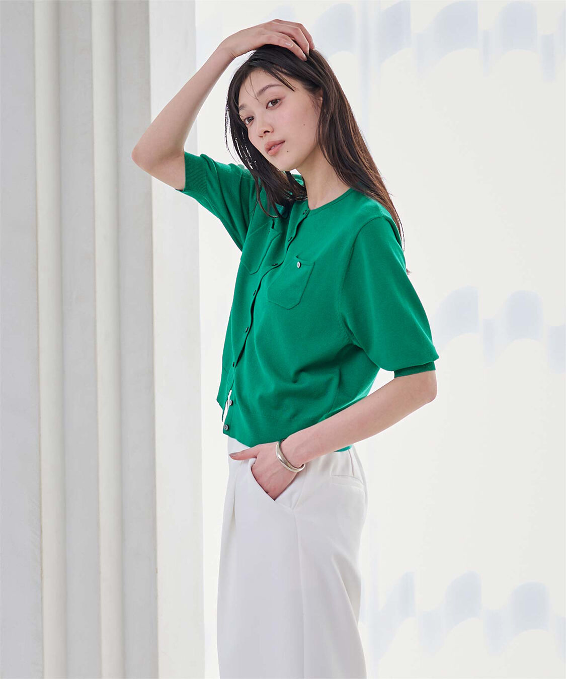 ur's「UVケア/抗ピル胸ポケットハーフスリーブニットカーディガン」|カーディガン|