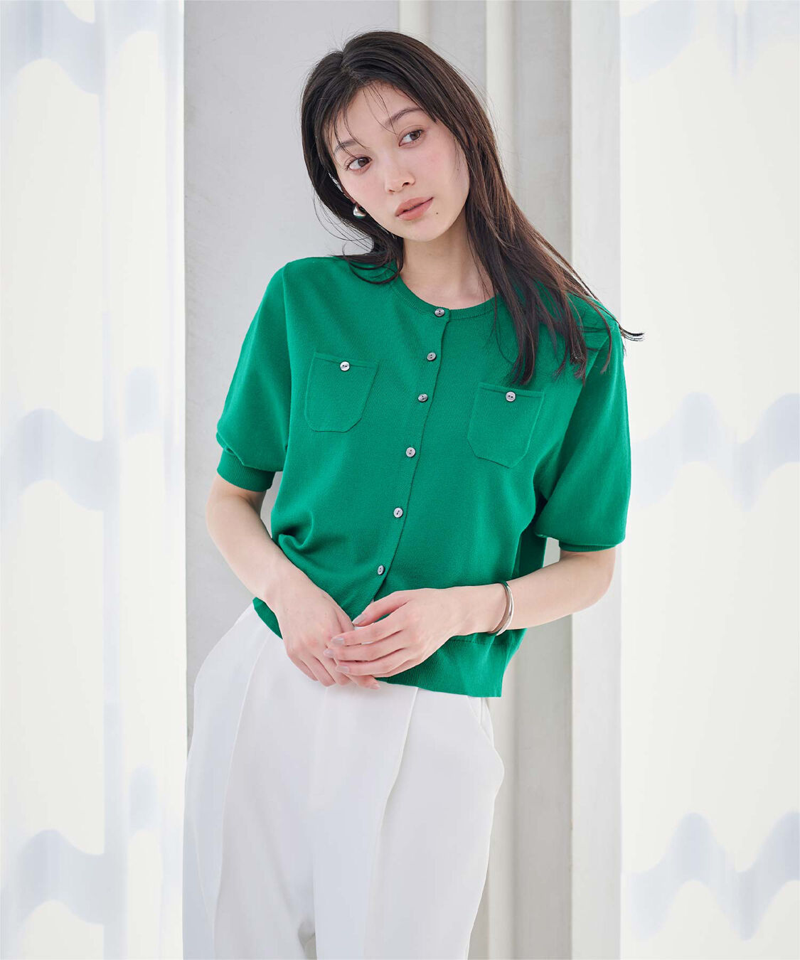 ur's「UVケア/抗ピル胸ポケットハーフスリーブニットカーディガン」|カーディガン|