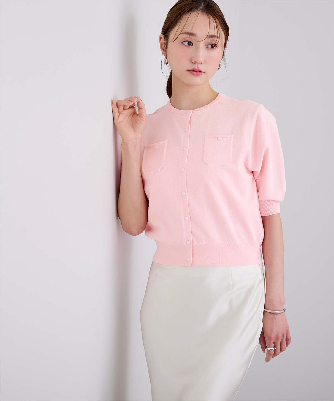 ur's「UVケア/抗ピル胸ポケットハーフスリーブニットカーディガン」|カーディガン|