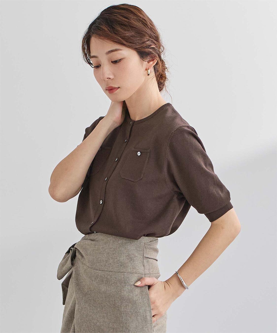 ur's「UVケア/抗ピル胸ポケットハーフスリーブニットカーディガン」|カーディガン|