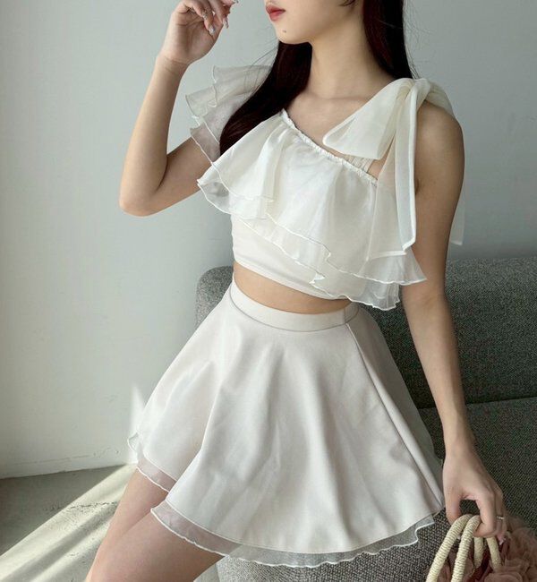  「swimwear/肩リボンワンショル+フレアミニスカート(3点セット)」|その他|アイボリー