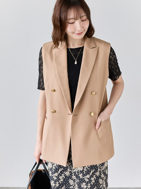 Te chichi「リネンライクダブルブレストジレ(セットアップ可)」|ダウンベスト・ベスト|ベージュ