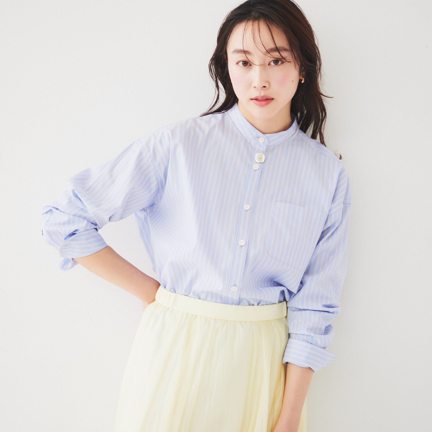 UNTITLED「【コットン100/ストライプ】タイプライター バンドカラーシャツ」|シャツ・ブラウス|ブルー(391)