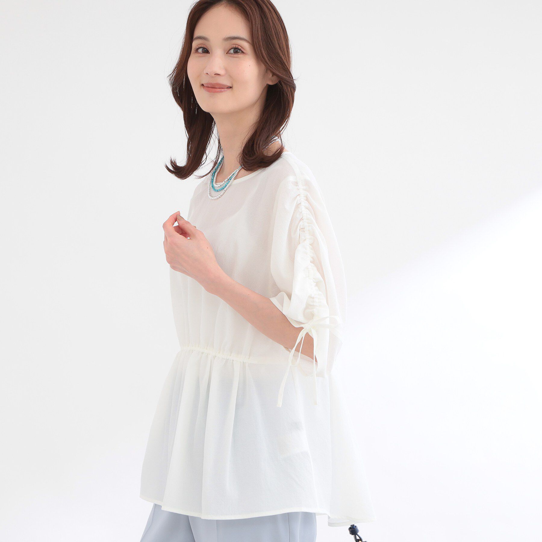 Reflect「【通気性あり／涼しい／マシンウォッシャブル】ウエストギャザーブラウス」|シャツ・ブラウス|