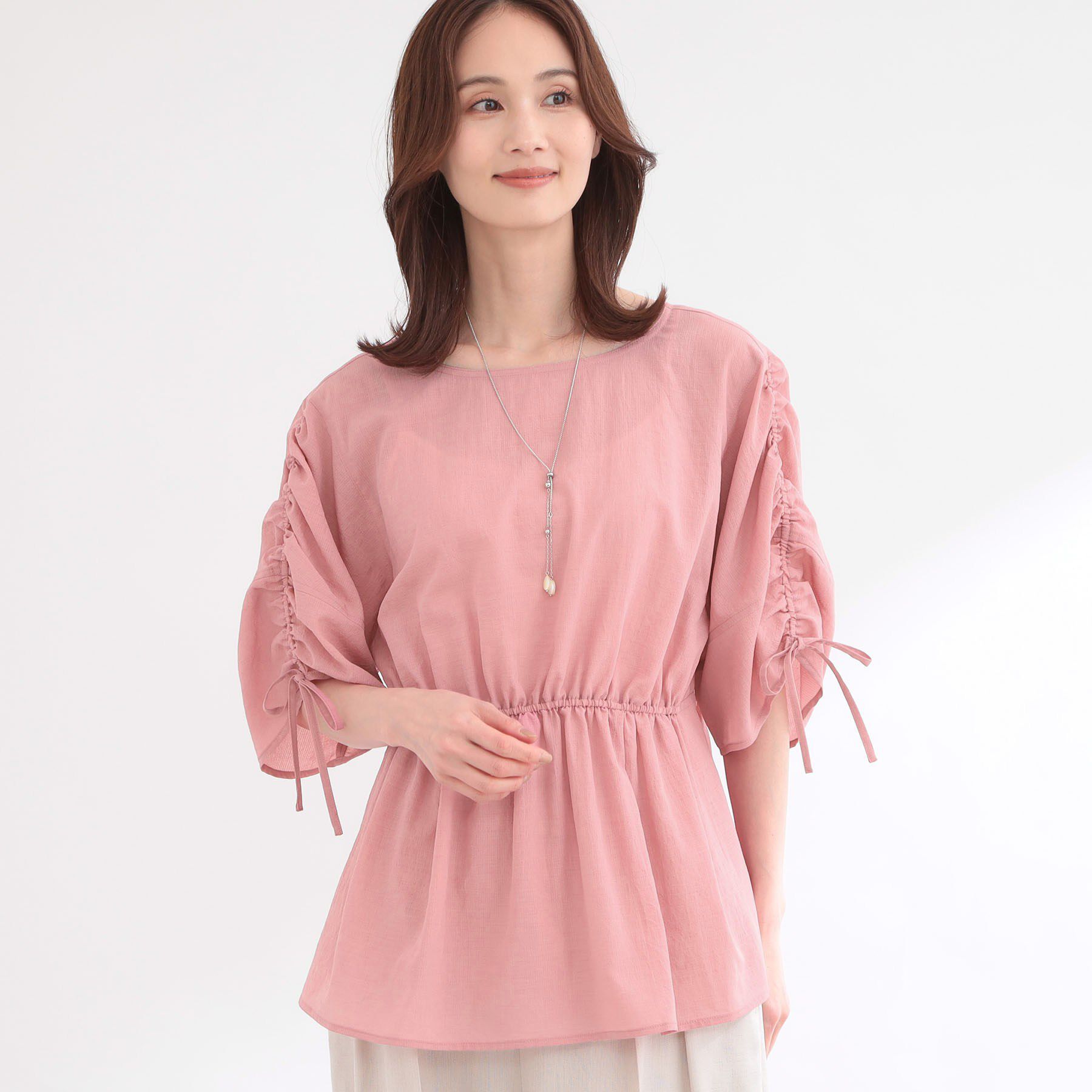 Reflect「【通気性あり／涼しい／マシンウォッシャブル】ウエストギャザーブラウス」|シャツ・ブラウス|ピンク(071)