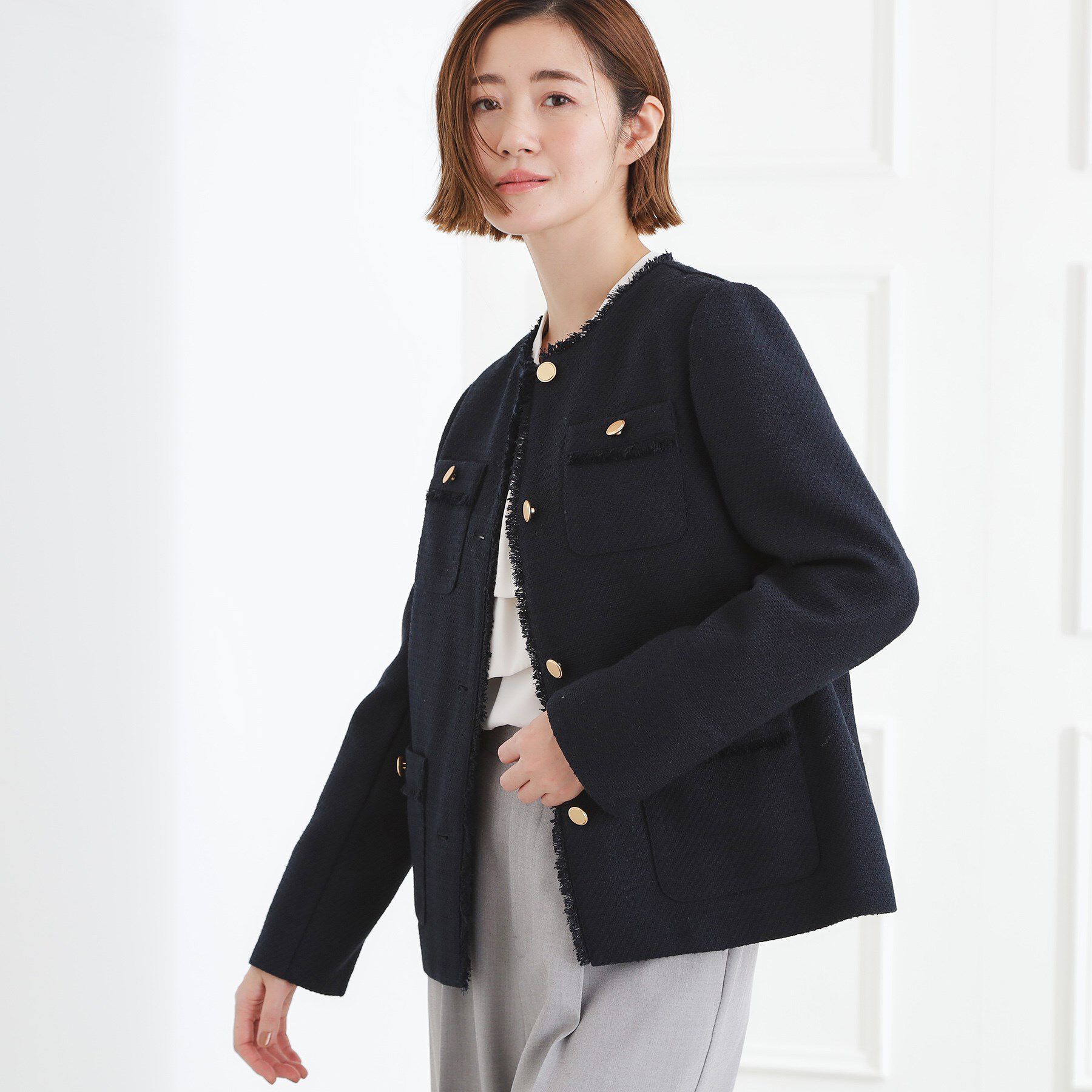 grove「【ハレの日・通勤】きちんとからカジュアルまで着回せる、ミドル丈ツイードジャケット」|ノーカラージャケット|