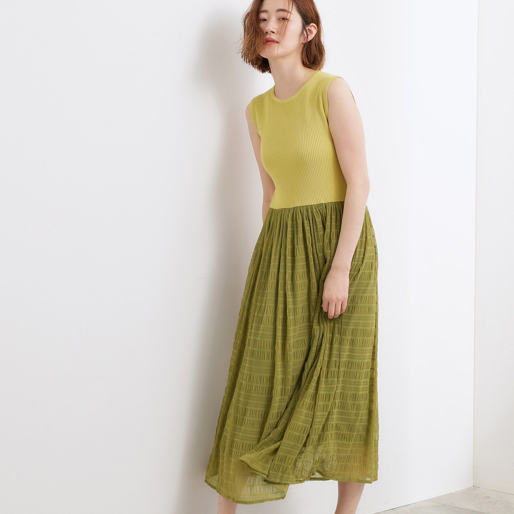 grove「リブニット&times;チェックチュール ドッキングワンピース」|ワンピース|ピスタチオ(025)