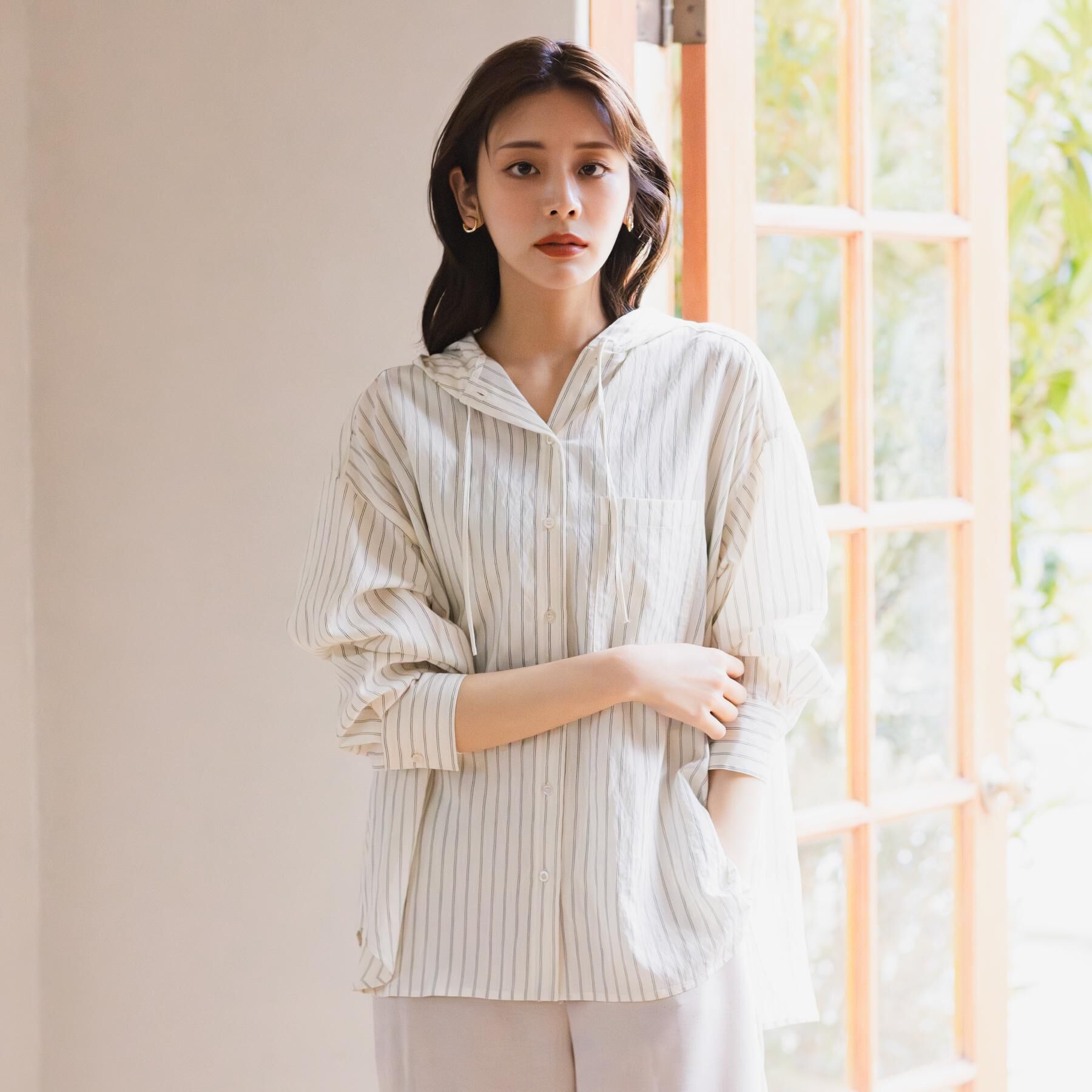 grove「ストライプ フーディシャツ」|シャツ・ブラウス|