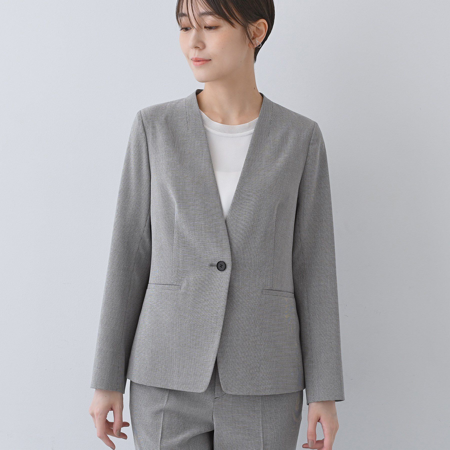 INDIVI「【洗える／夏スーツ】ミニ千鳥柄ノーカラージャケット」|ノーカラージャケット|