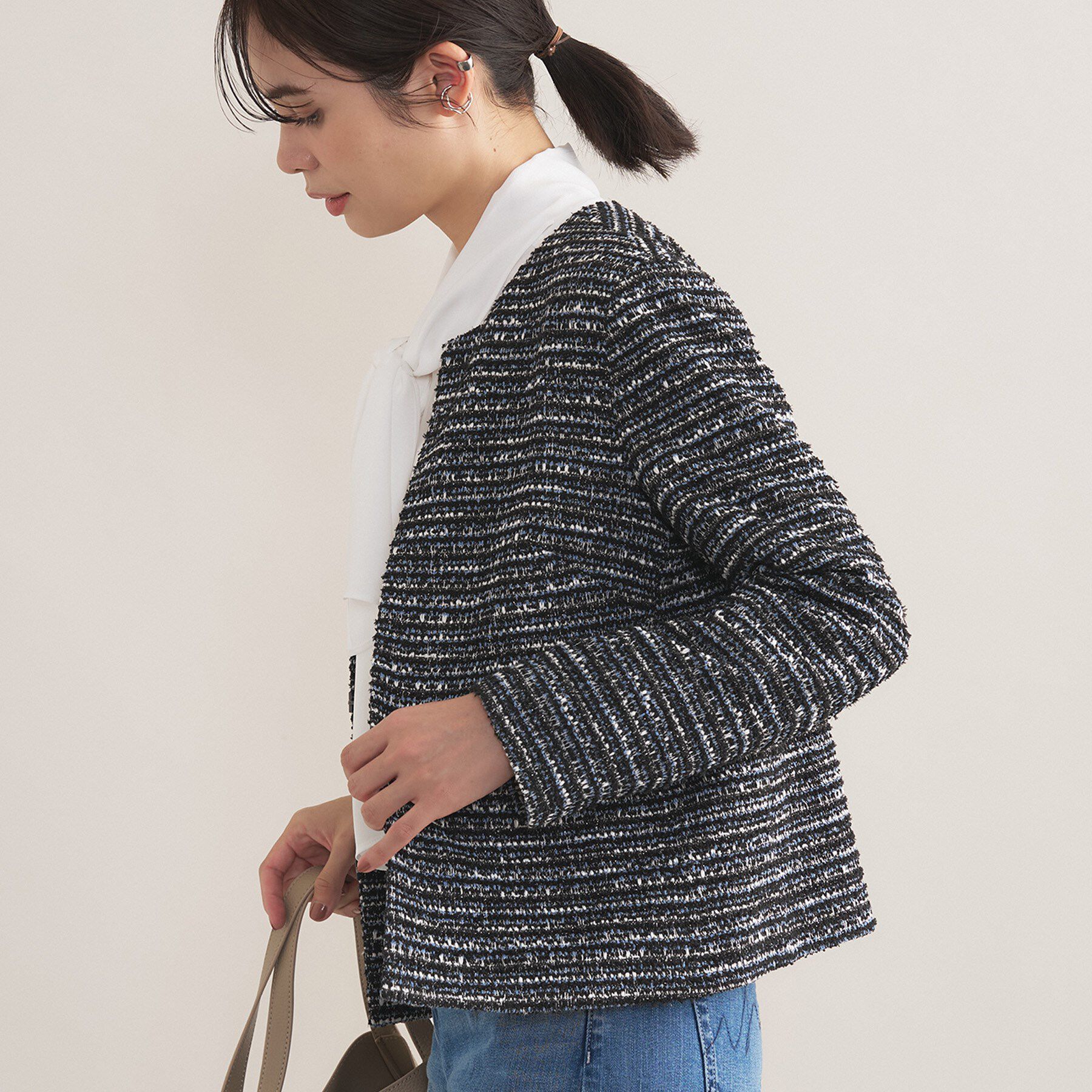 INDIVI「【セレモニー／洗える】ミックスツイードライトジャケット」|ノーカラージャケット|