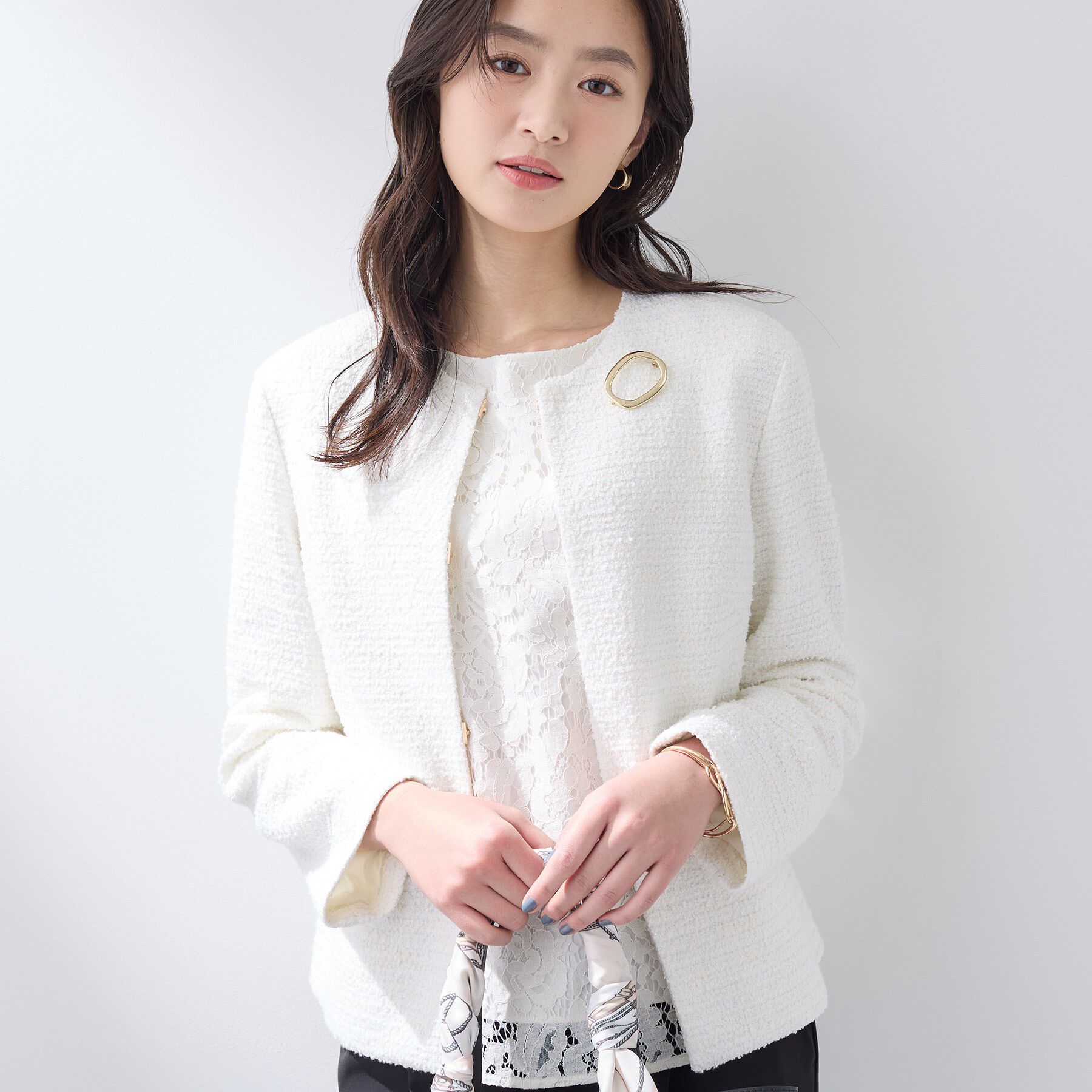 INDIVI「【セレモニー／洗える】ミックスツイードライトジャケット」|ノーカラージャケット|オフホワイト(603