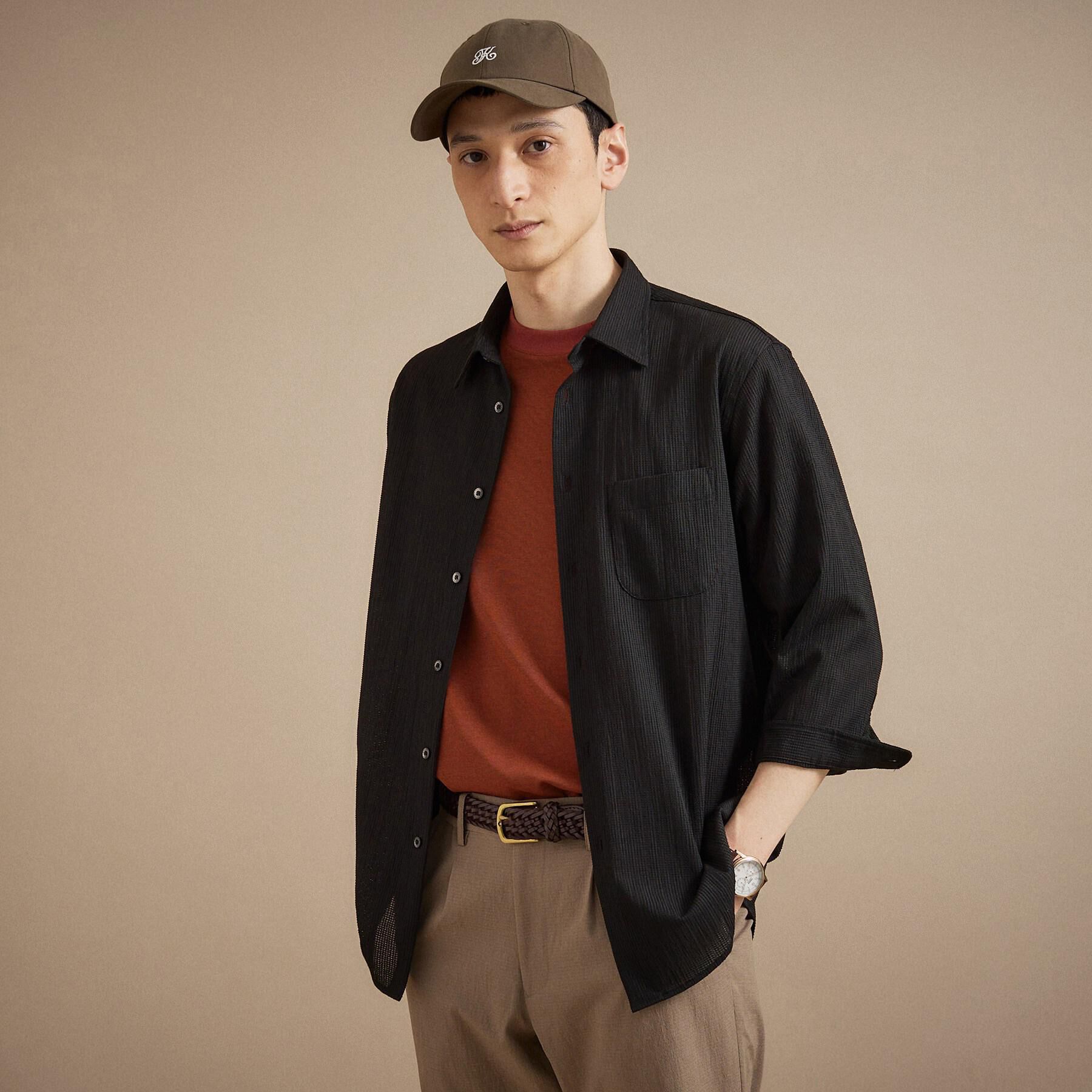 TAKEO KIKUCHI「【通気性】トリコットサッカー 7分袖シャツ」|シャツ・ブラウス|ブラック(019)