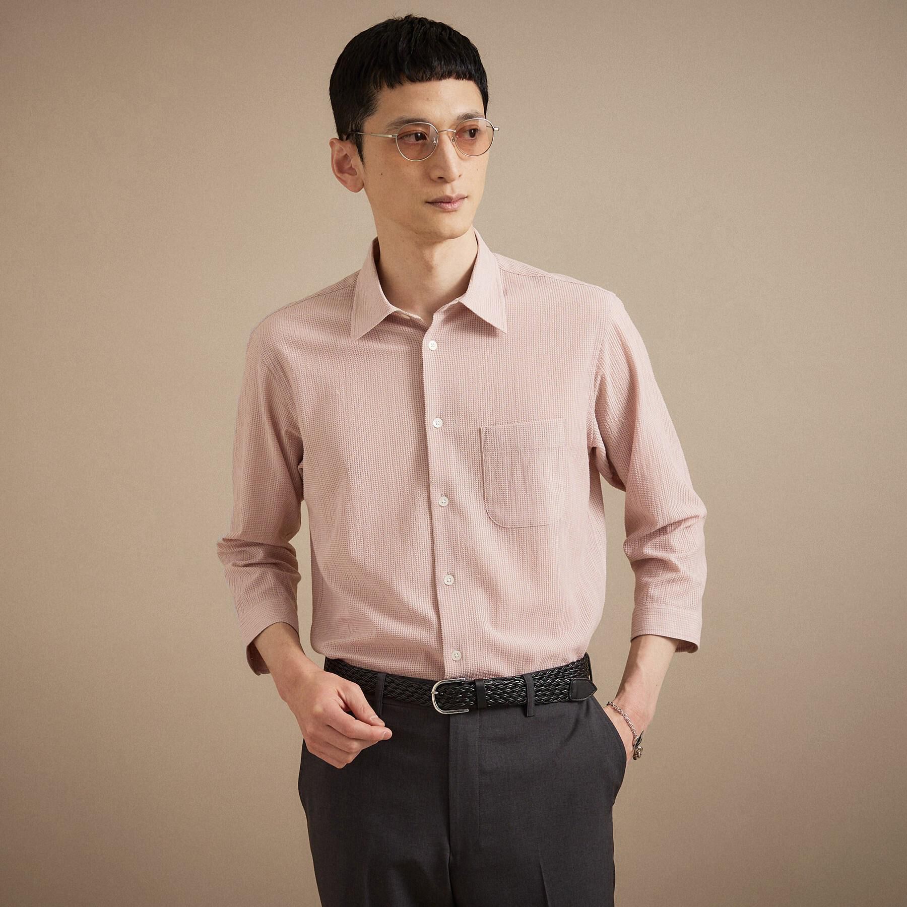 TAKEO KIKUCHI「【通気性】トリコットサッカー 7分袖シャツ」|シャツ・ブラウス|ライトピンク(070