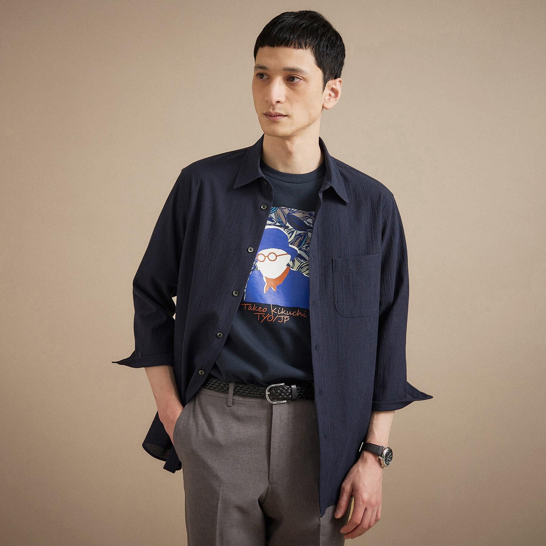 TAKEO KIKUCHI「【通気性】トリコットサッカー 7分袖シャツ」|シャツ・ブラウス|ブルー(093)