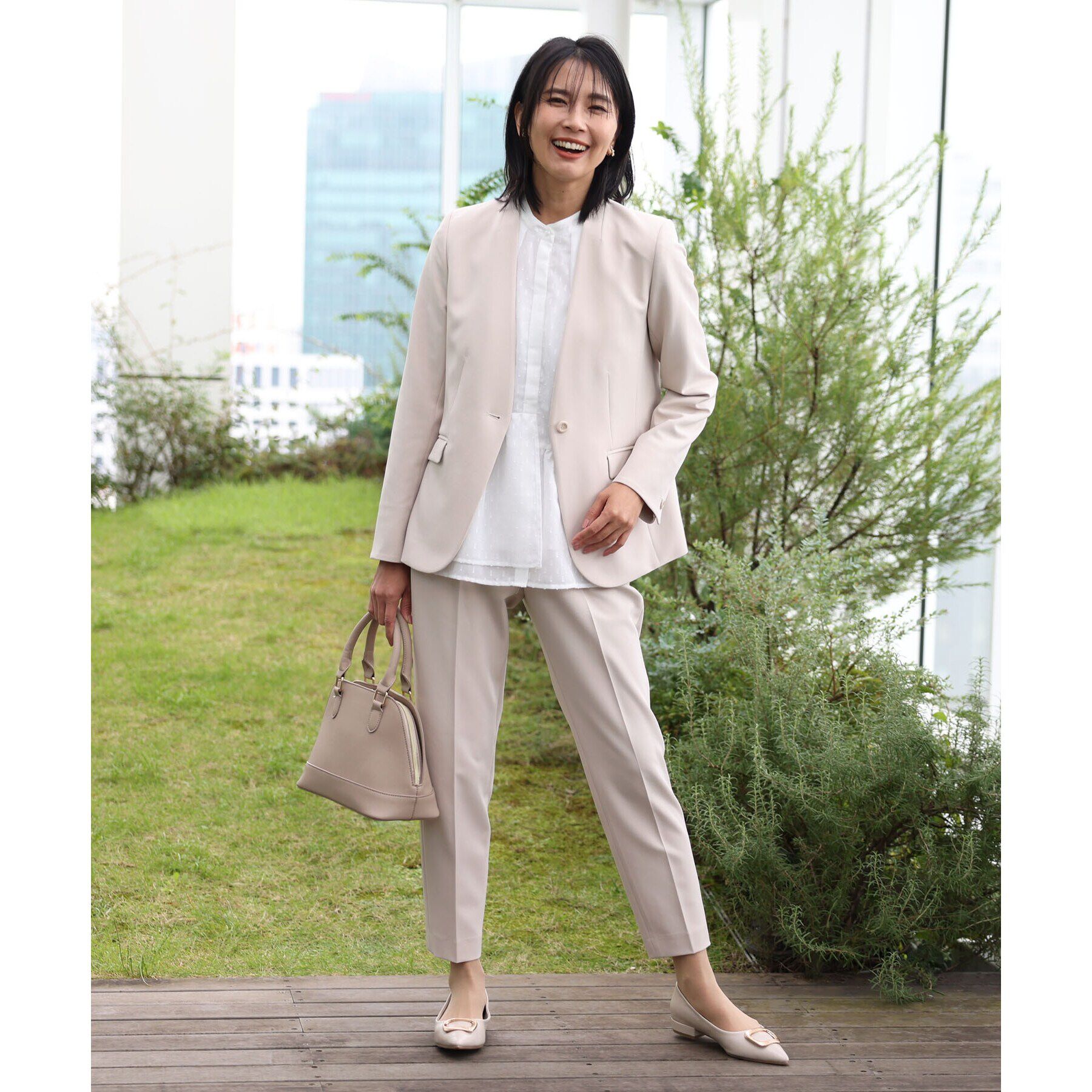 THE SHOP TK「【汚れ防止／シワになりにくい／セレモニー／通勤】ダブルクロスノーカラージャケット／洗える／サスティナ」|ノーカラージャケット|