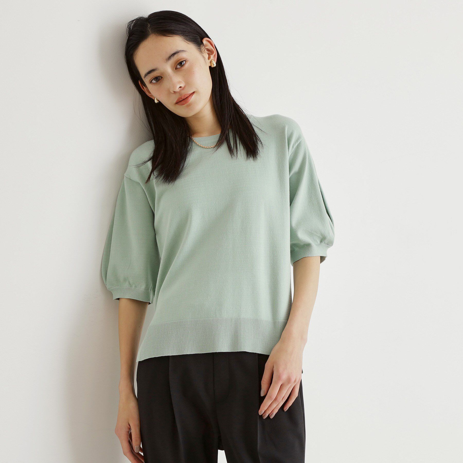 THE SHOP TK「【接触冷感/体型カバー】袖タック6分袖ニット/洗濯機OK/UVケア」|ニット・セーター|ミントグリーン(02