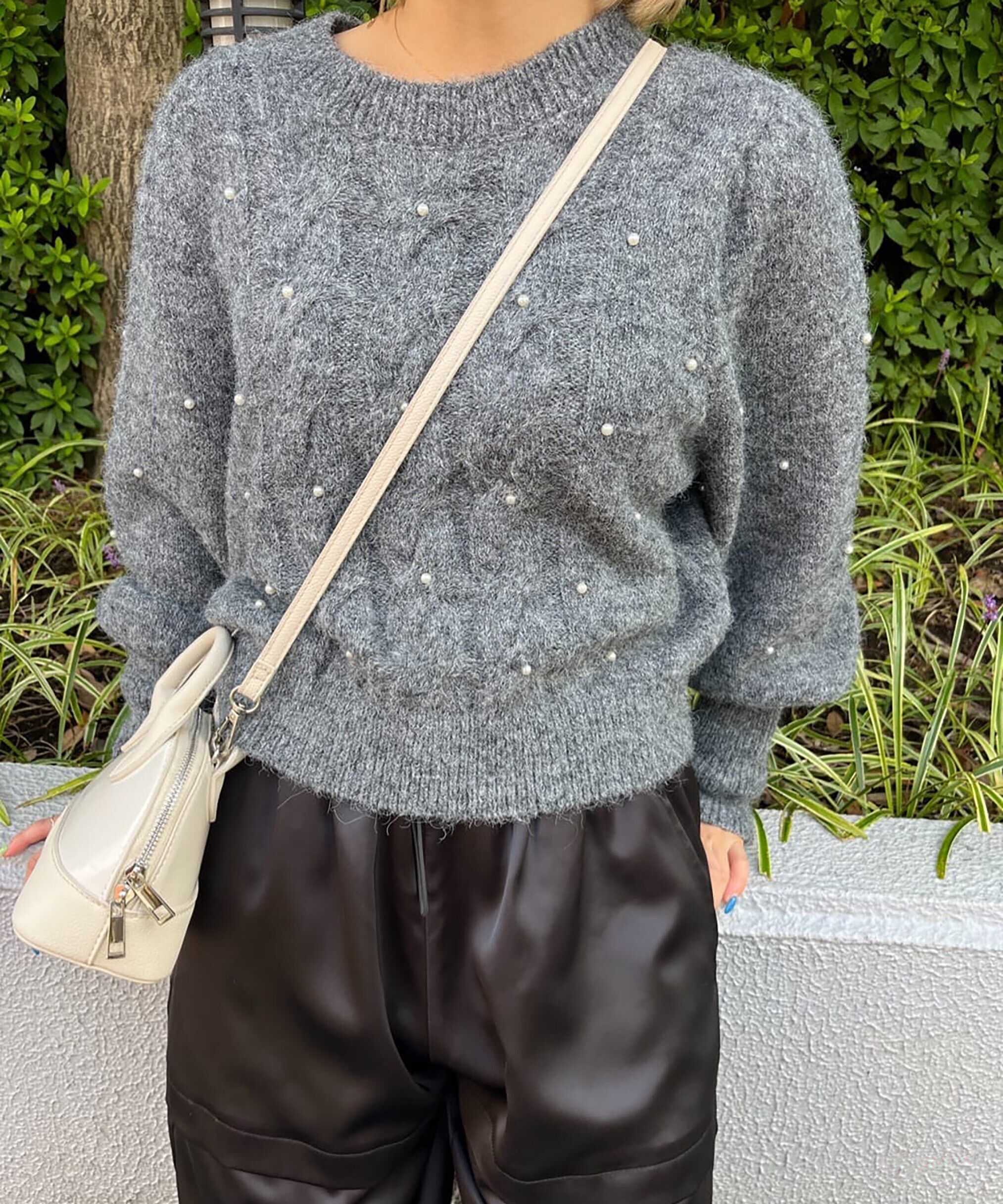  「パール付きケーブルショート丈ニット」|ニット・セーター|