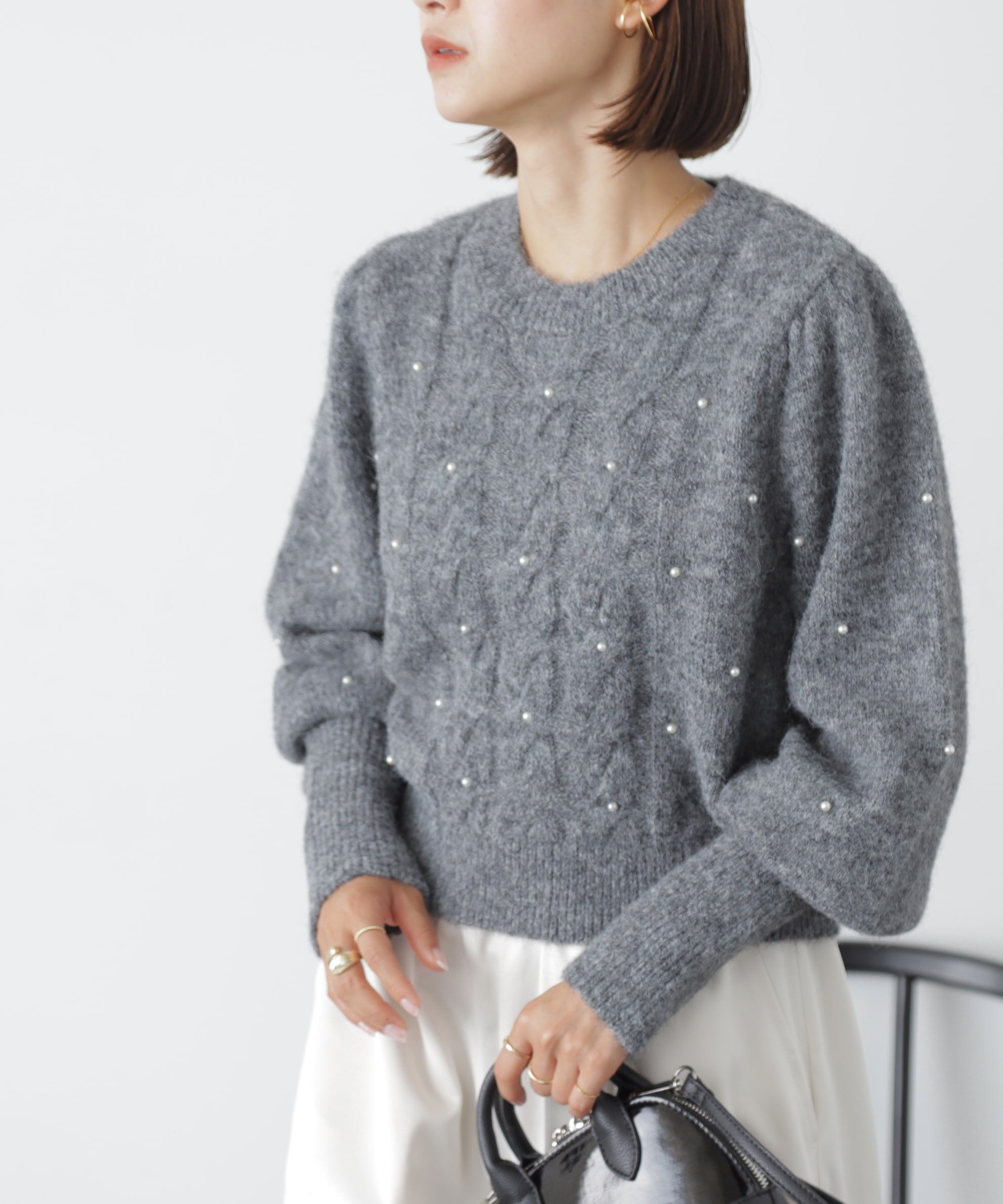  「パール付きケーブルショート丈ニット」|ニット・セーター|