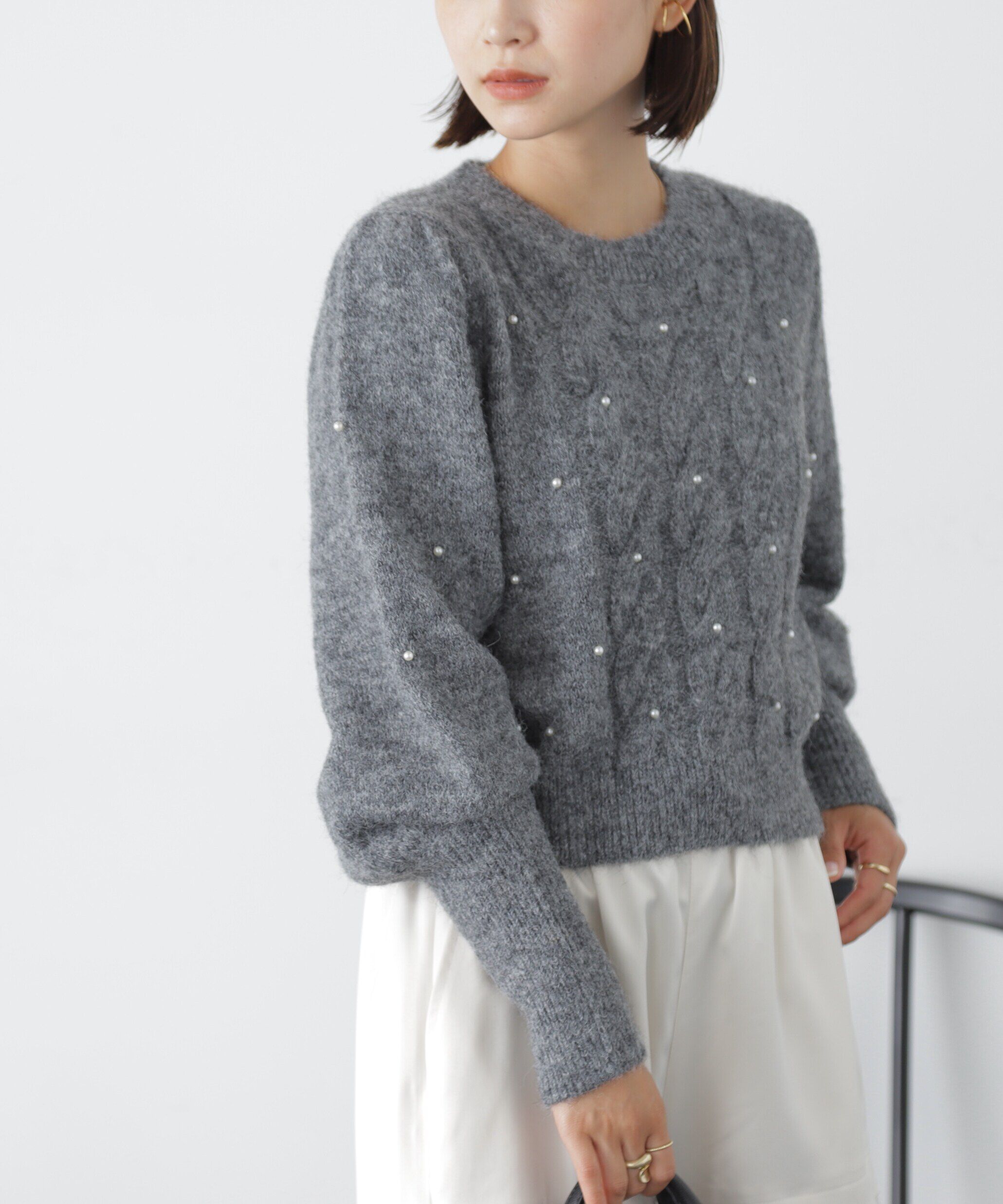  「パール付きケーブルショート丈ニット」|ニット・セーター|