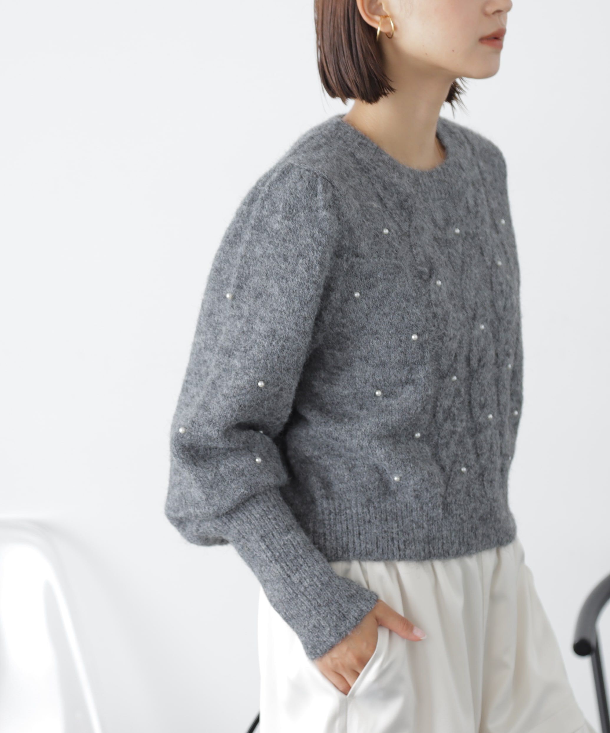  「パール付きケーブルショート丈ニット」|ニット・セーター|