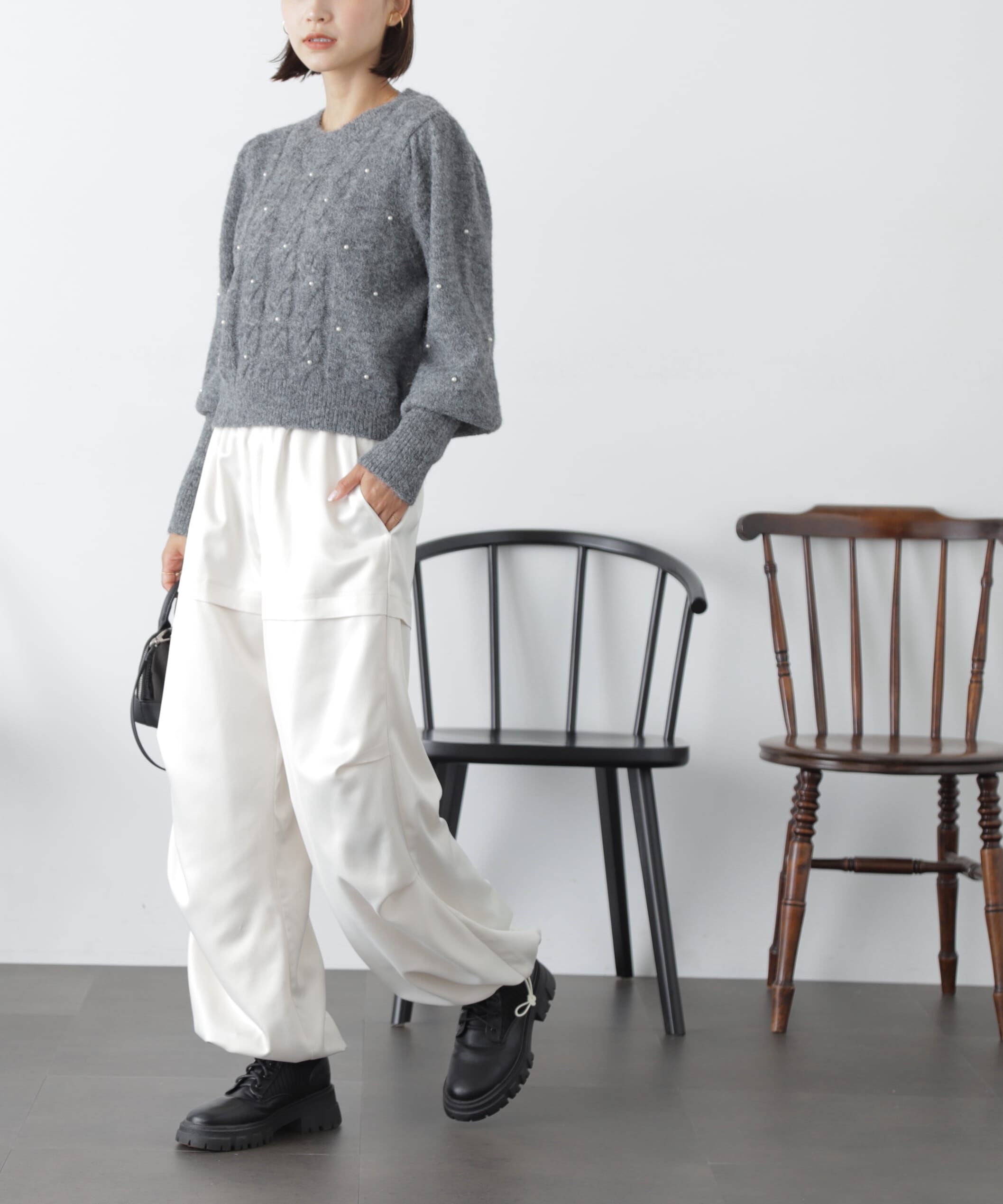  「パール付きケーブルショート丈ニット」|ニット・セーター|