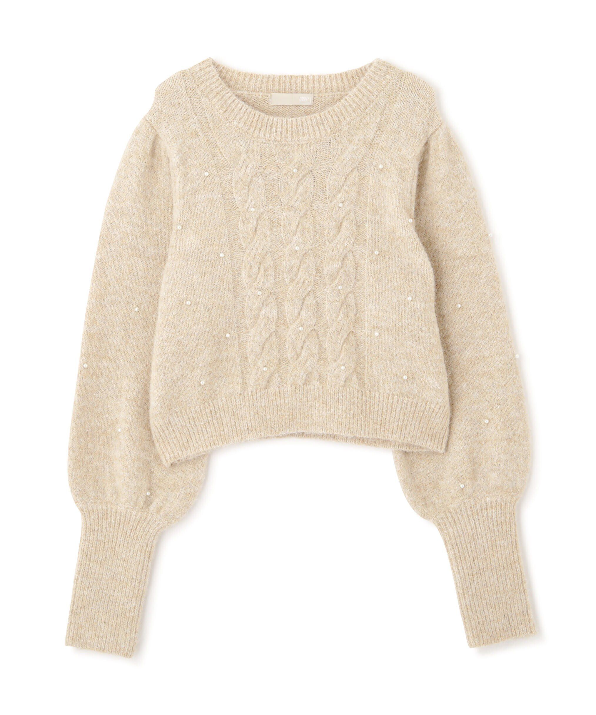  「パール付きケーブルショート丈ニット」|ニット・セーター|