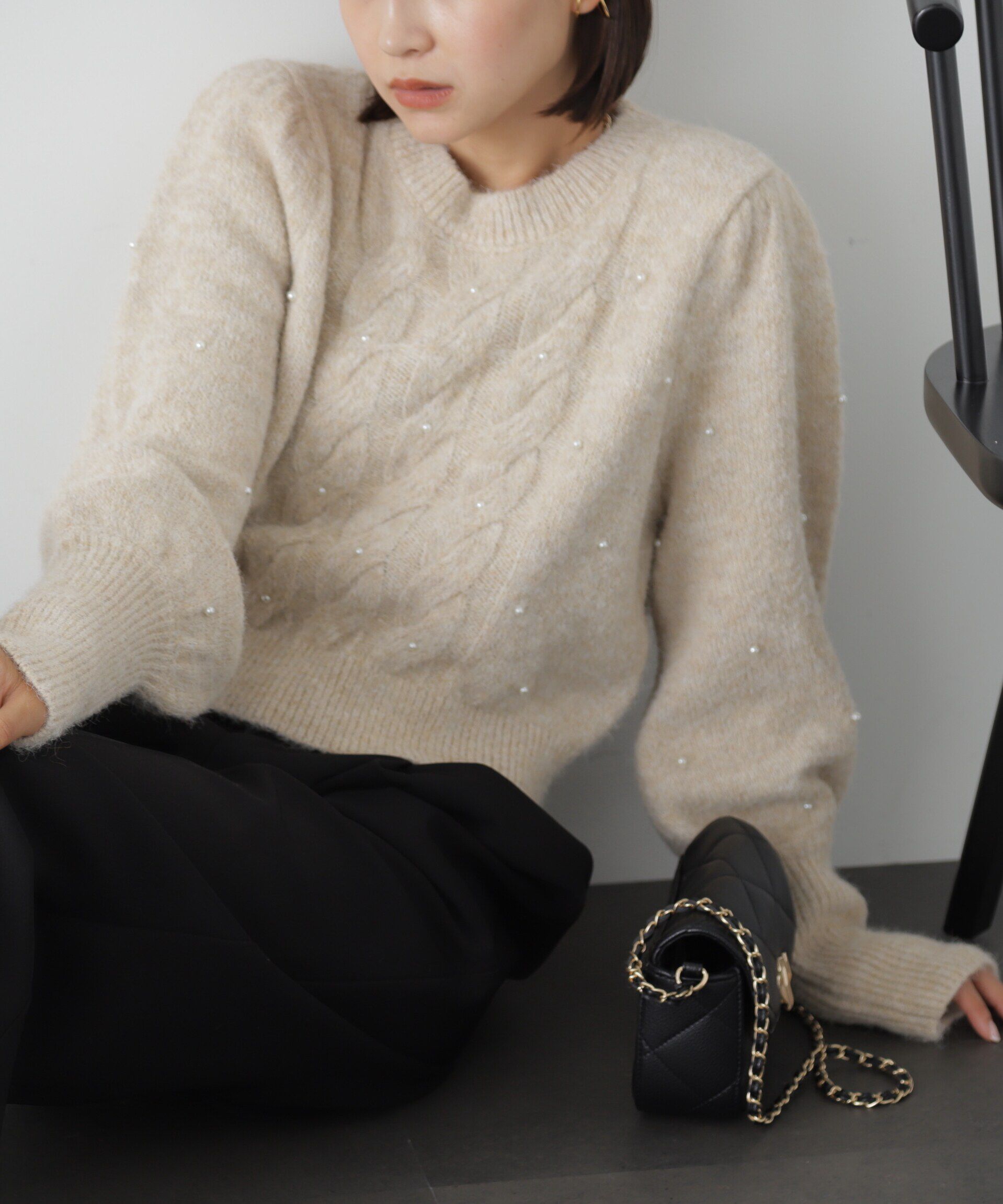  「パール付きケーブルショート丈ニット」|ニット・セーター|